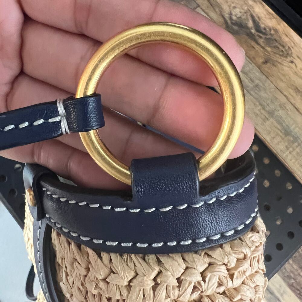 Tory Burch Miller Straw Bucket Bag Natural Navy Crossbody Purse Leather Trim - Picture 11 of 12